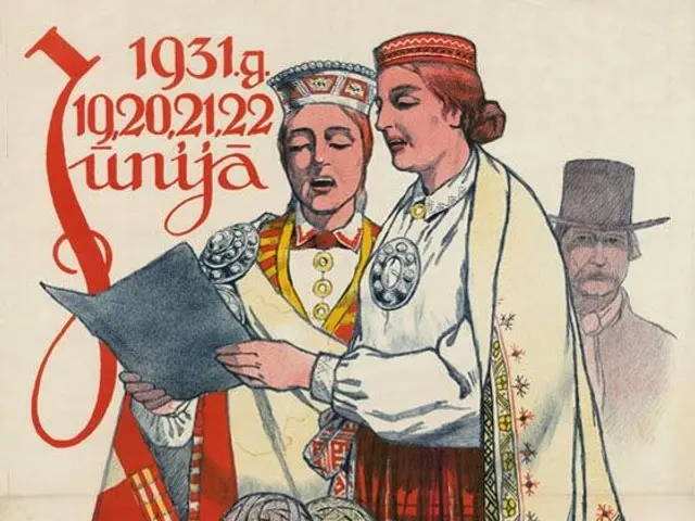 The image shows an old Polish propaganda poster from 1931 depicting a man and woman in traditional...