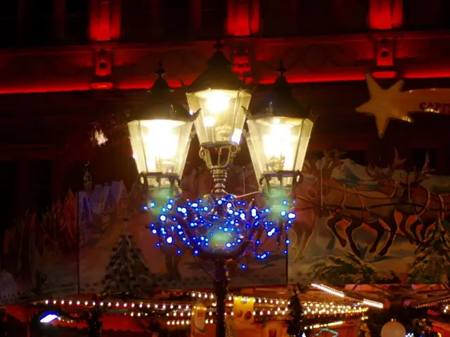 The image shows a street light in the middle of a city at night, surrounded by a building in the...