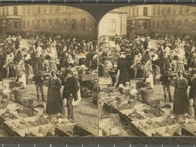 The image shows an old black and white photo of a bustling market place in Stockholm, Sweden. There...