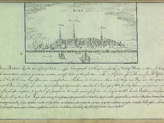 The image shows an old document with a drawing of a city on it, which is believed to be a map of...