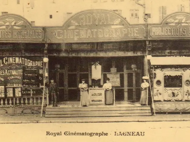 The image shows an old black and white photo of the Royal Cinematographe in Ligneau, France. There...