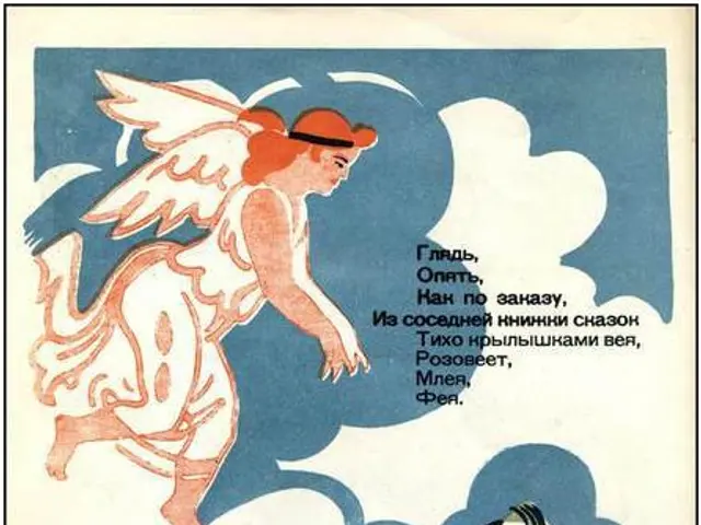 The image shows an old Soviet propaganda poster from the 1930s depicting a boy and an angel flying...