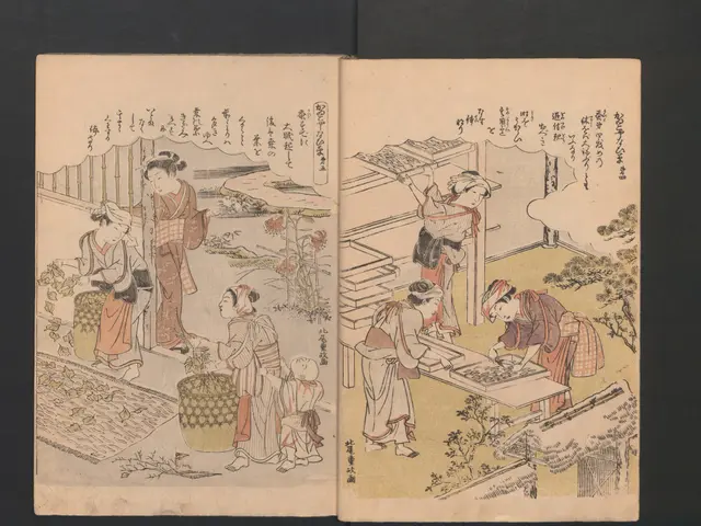 The image shows an open book with a drawing of a group of people in a garden, surrounded by trees,...