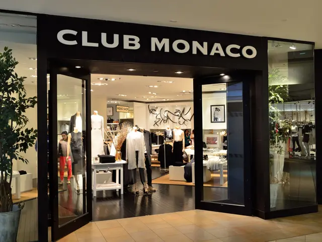 The image shows a Club Monaco store in a shopping mall, with glass walls and doors, mannequins...