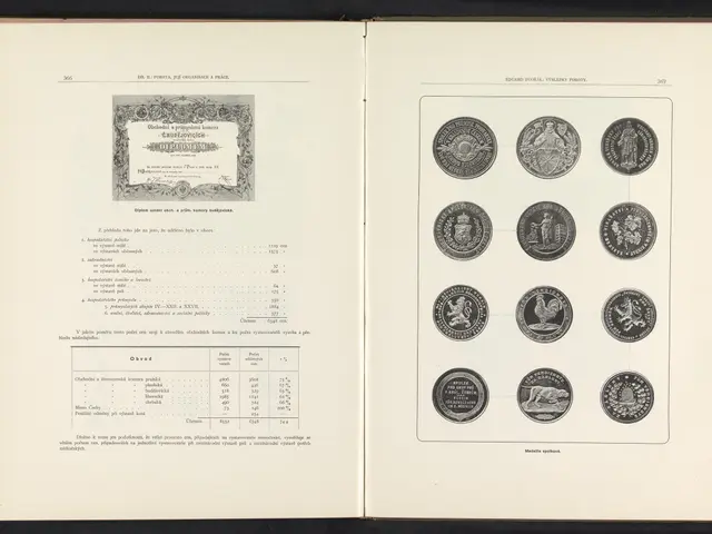 The image shows an open book with a variety of coins on it, including pictures and text.