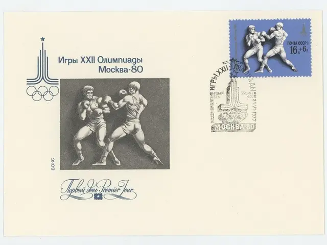 The image shows an envelope with a stamp on it featuring a picture of two men engaged in a boxing...