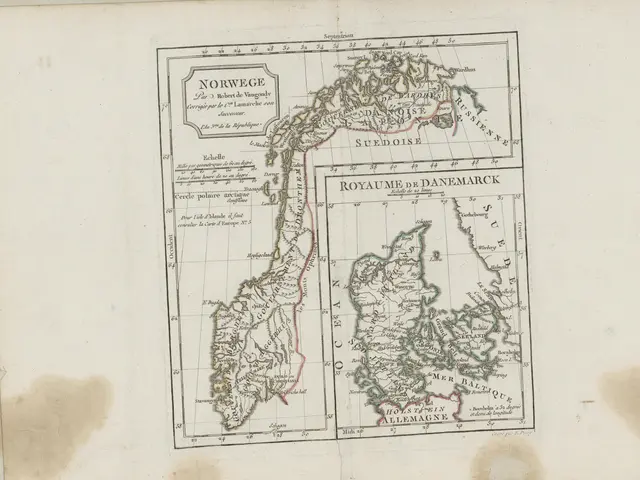 The image shows an old book with a map of Norway on it. The map is detailed and shows the various...
