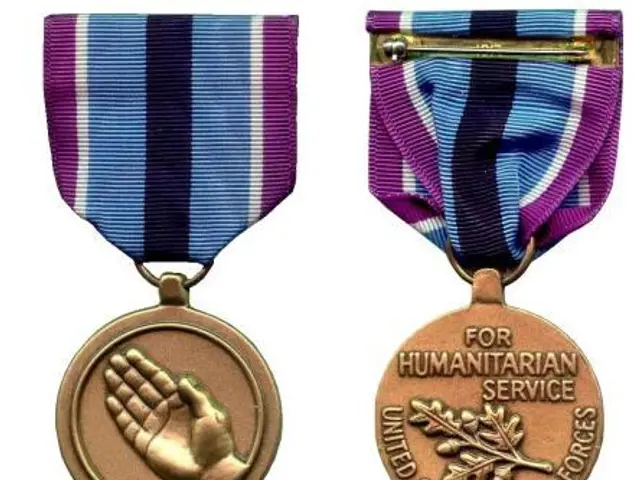 The image shows a pair of medals with purple and blue ribbons attached to them. The medals have...