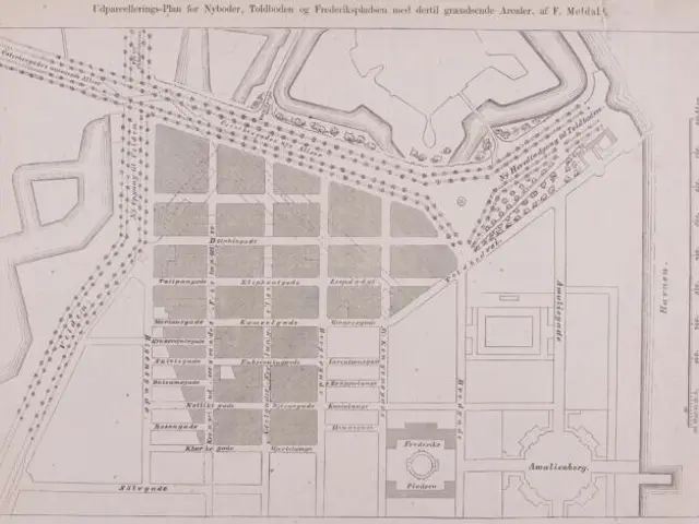 The image shows an old map of the city of Amsterdam, Netherlands, with a plan for Nybolder,...