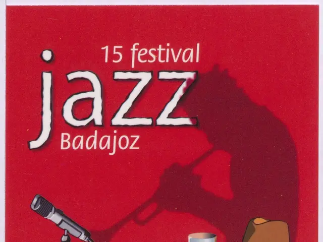 The image shows a poster for the 15th Festival Jazz Badajoz, featuring a microphone, a hat, and a...