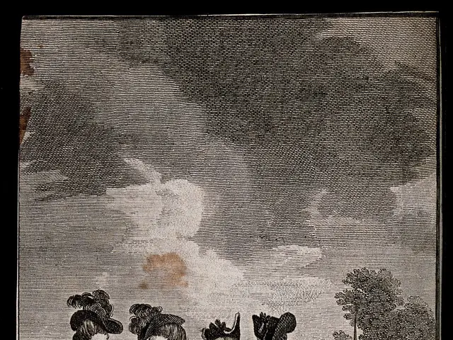 The image shows a group of people standing in front of a fence, with trees and a cloudy sky in the...