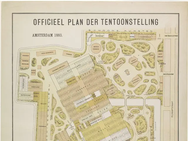 The image shows an old map of the city of Amsterdam, Netherlands, with text detailing the official...