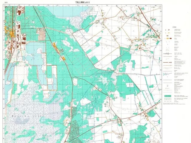 The image shows a topographic map of the city of Tallinn, Estonia. It is a detailed map with...