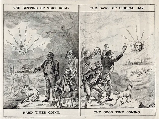 The image shows a paper with two pictures and text on it, depicting the setting of Tory rule and...