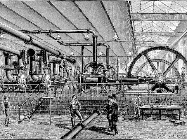 The image shows a black and white drawing of a factory with people working on a machine, surrounded...