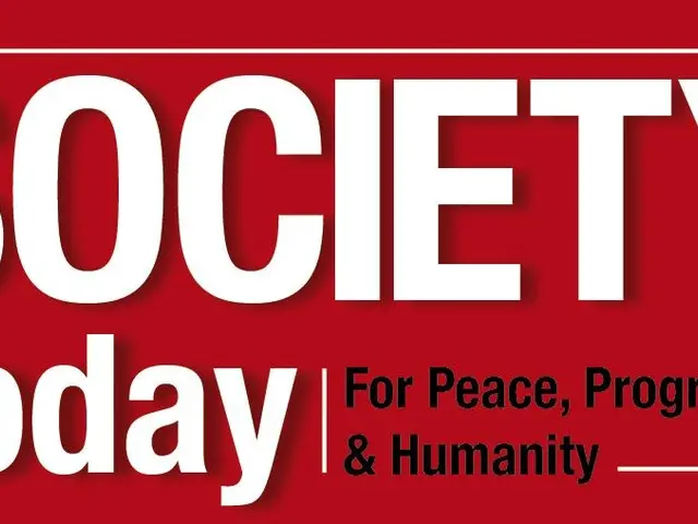 The image shows a poster with the words "Society Today for Peace, Progress & Humanity" written in...