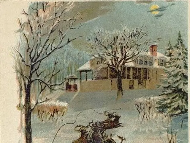 The image shows an old fashioned Christmas card with Santa Claus riding in a sleigh pulled by...