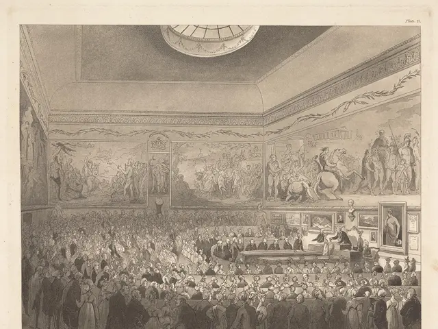 The image shows an engraving of a large room filled with people, some standing and some sitting,...