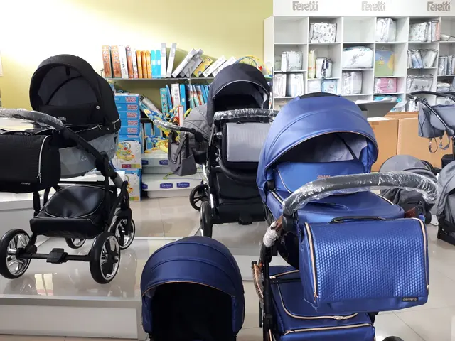 The image shows a store with a variety of baby strollers on display, including a car seat and a...