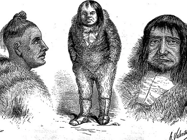 The image shows a black and white drawing of three Native American Indians standing next to each...