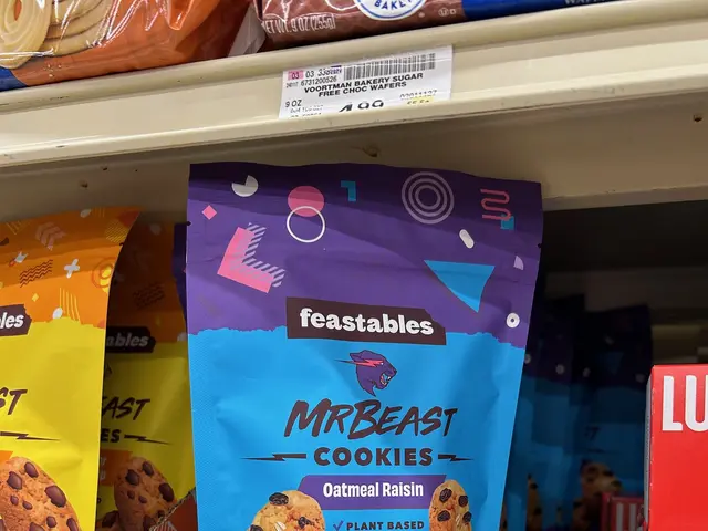 The image shows a shelf filled with lots of different types of cookies, including Feastables Mr...