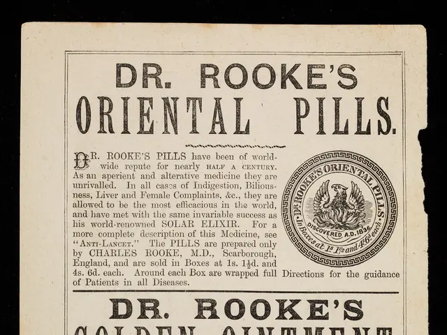 The image shows an old advertisement for Dr. Brooke's Oriental Pills, featuring text and a logo....