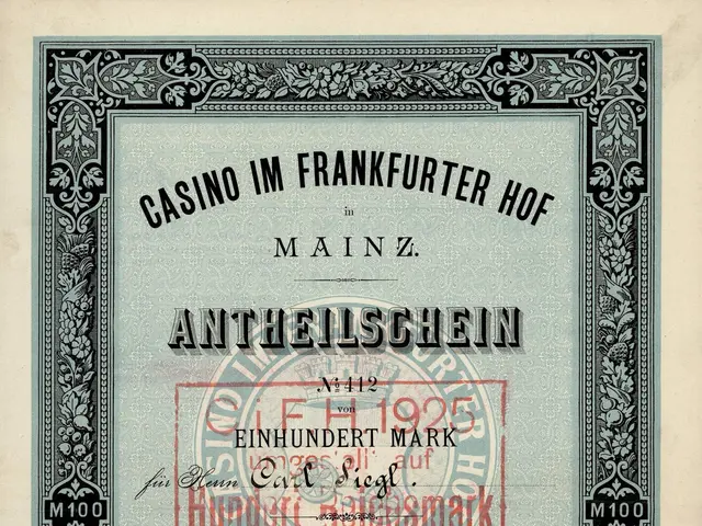 The image shows an old stock certificate with a black border and a red stamp on it. The text on the...