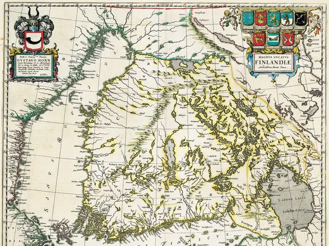 The image shows a poster of a map of Finland from the 16th century, with text and logos at the top...