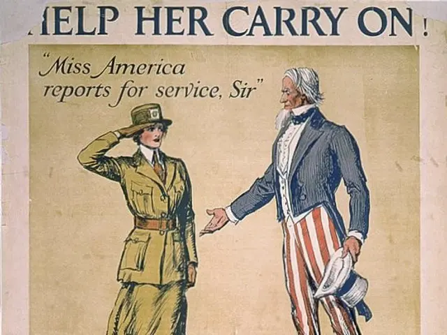 The image shows a poster for the National League for Women's Service, featuring two people standing...