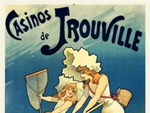 The image shows a poster advertising a casino in Trouville, France. It features two women in a...