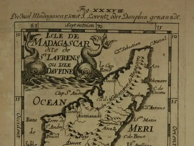 The image shows an old book with a map of Madagascar on it. The map is detailed and shows the...
