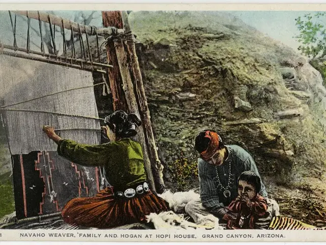 The image shows an old postcard of a Navajo family at Hopi House in Grand Canyon, Arizona. We can...