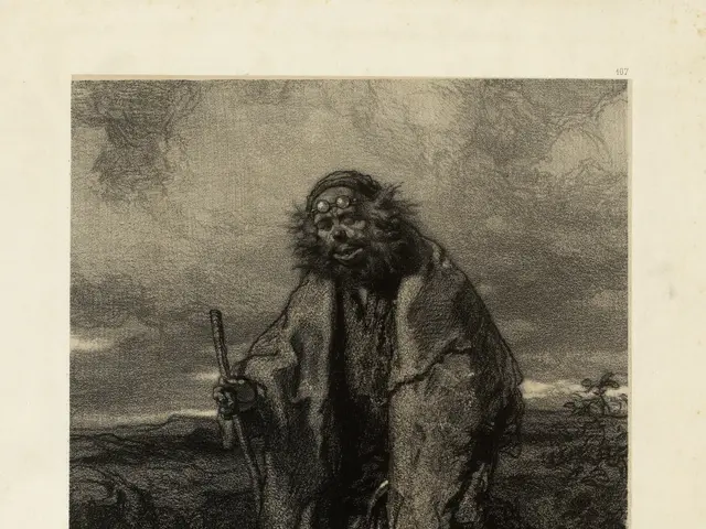 The image shows a black and white drawing of a man with a cane, standing in the center of the...