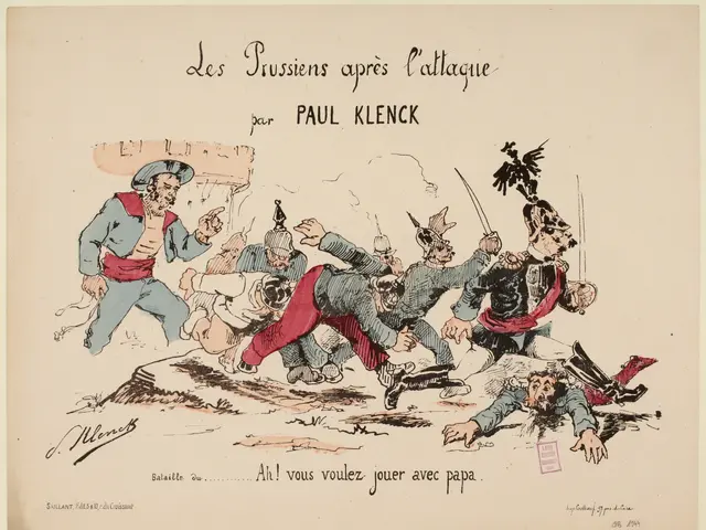 The image shows a paper with a cartoon depicting a group of people in a battle scene, with text...