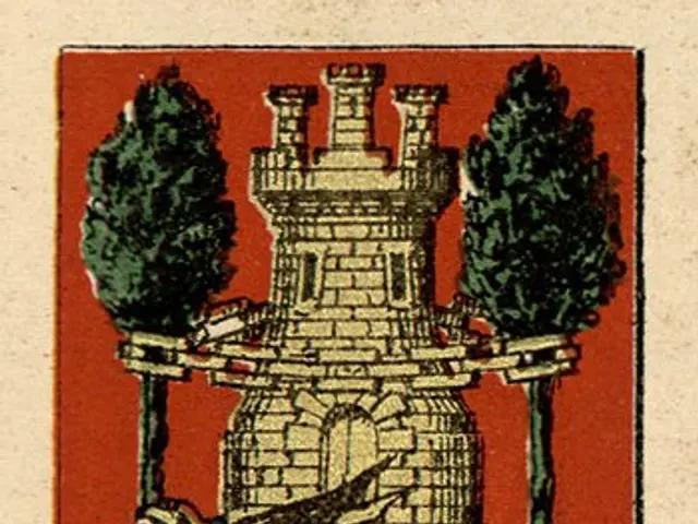 The image shows a card with a picture of a castle and a dragon on it, surrounded by trees. At the...