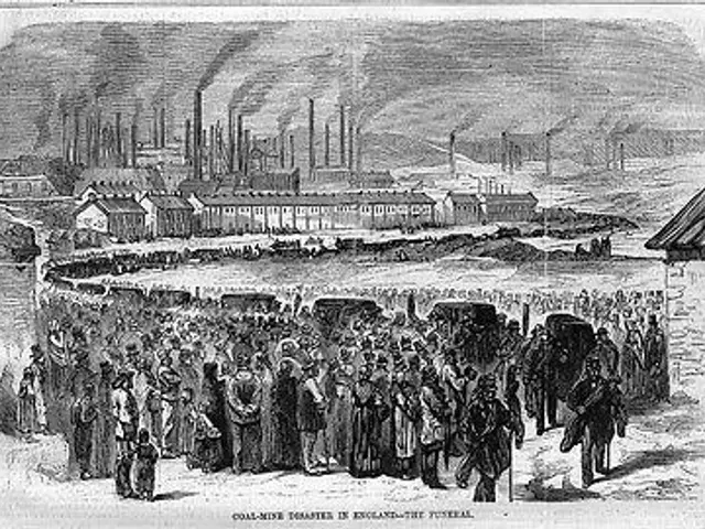 The image shows a black and white drawing of a group of people standing in front of a factory, with...