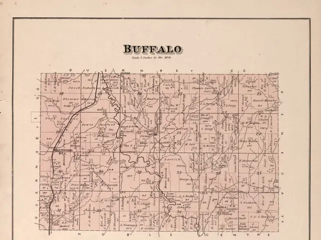 The image shows an old map of the state of Buffalo, New York. It is a paper map with text written...