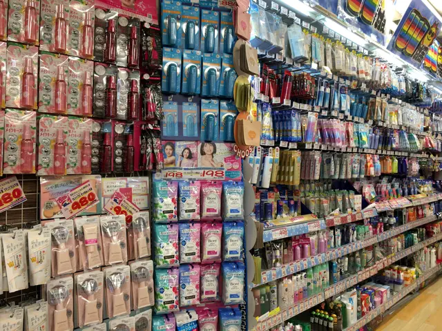 The image shows a store filled with lots of different types of cosmetics, including bottles,...