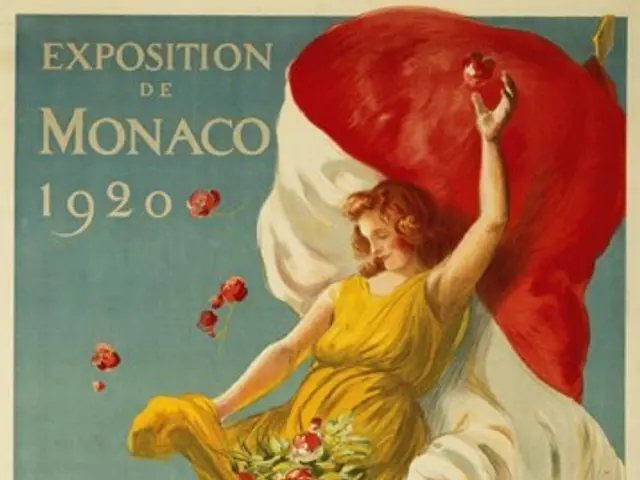The image shows a poster advertising the exhibition of Monaco in 1920. It features a woman with a...
