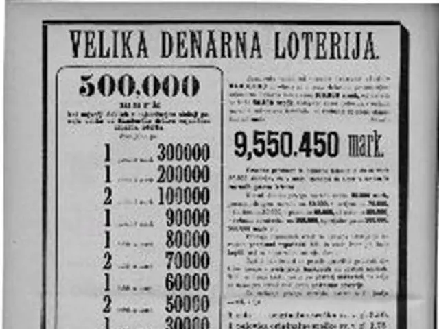 The image shows a black and white newspaper advertisement for a lottery ticket with a lot of...