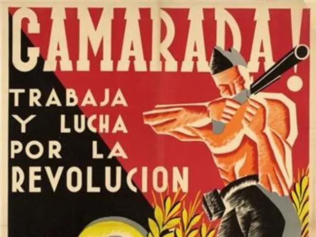 The image shows a Spanish propaganda poster for the Cuban Revolution. It features two people, one...