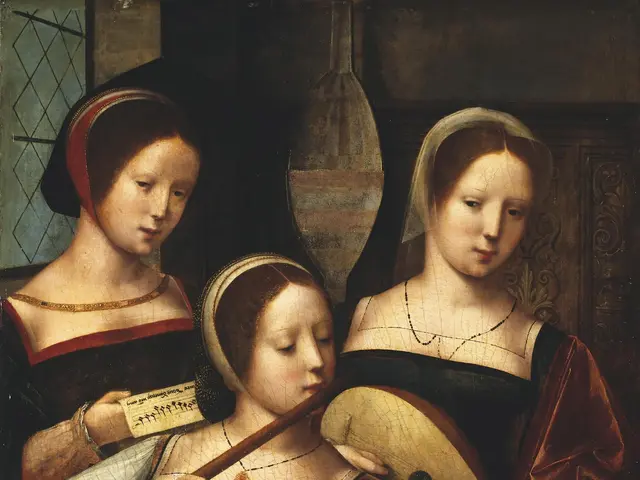 The image shows a painting of three women playing musical instruments, with one of them holding a...