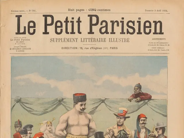 The image shows an old newspaper with a picture of a man in a boxing ring surrounded by a crowd of...