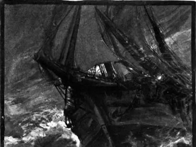 The image shows a black and white drawing of a boat in the ocean, with a person on board. The boat...