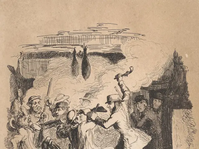 The image shows a group of gamblers attacking the readers, depicted in a paper with a drawing of a...