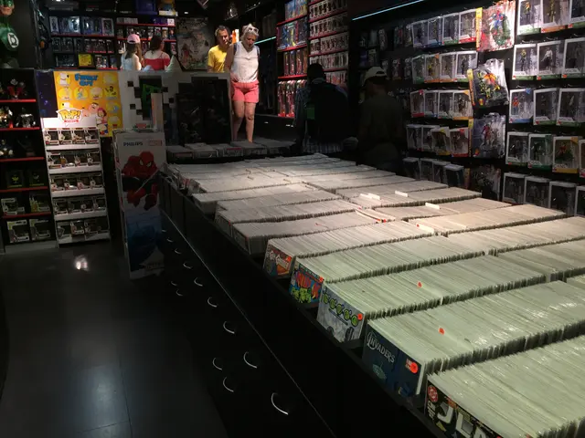 The image shows a store filled with lots of different types of video games, arranged in racks on...