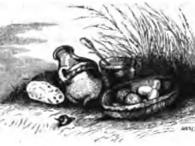 The image shows a black and white drawing of a basket full of eggs and a jug on the ground,...