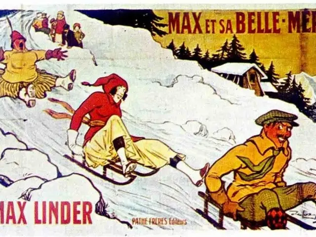 The image shows a poster advertising Max Linder's "Max et sa Belle-Mere" in the French Alps. It...