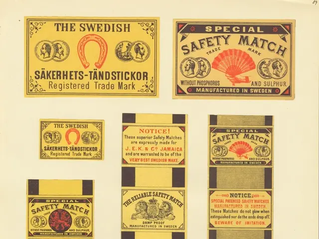 The image shows a paper with a variety of Swedish safety matchboxes, each with text written on...