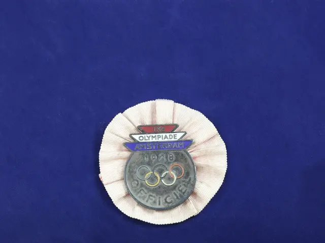 The image shows a blue cloth with a badge featuring the Olympic logo on it. The badge is in the...
